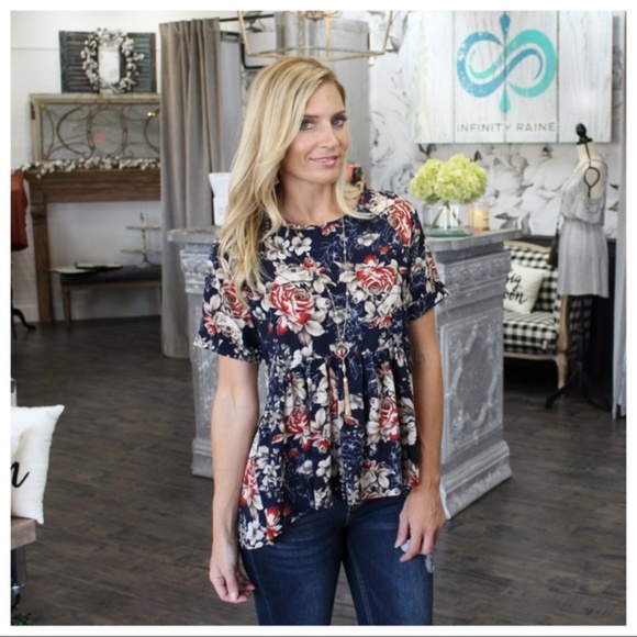 Infinity Raine Tops - LAST ONE! Navy Floral High-low tunic